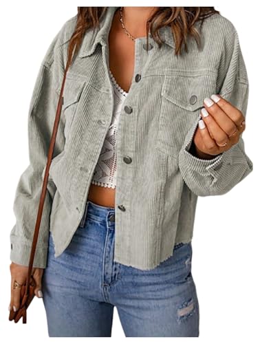 SOLY HUX Women's Corduroy Jacket Button Down Long Sleeve Casual Shacket Outerwear Mint Green Medium