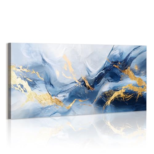 WENGTIAO Abstracto Azul Marino Gris Oro Lienzo Cuadro Enmarcado Grande Minimalista Azul Pintura sobre Lienzo Cuadros Decoracion Salon Modernos Dormitorios Decorativos Pared Casa 120x50 cm