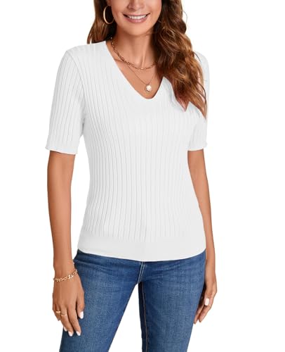 Image of Women Summer Knit Shirt Blouse V Neck Short Sleeve Pullover Sweater Tops