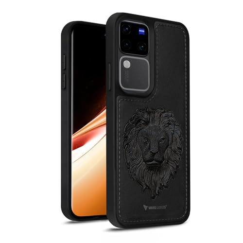Image of Vaku Luxos️ Lion Embossed Back Cover Case for Vivo V30 5G Premium Leather Stitched Soft Shockproof Protective TPU Phone Case Camera Screen Protector- Black