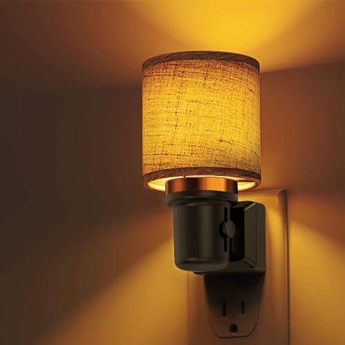 Image of L LOHAS LED Night Lights Plug into Wall, Linen Fabric Cylinder Decor Night Light, Dusk to Dawn Sensor Vintage Nightlight, Amber Warm 0-100LM Dimmable, for Bedroom Living Room Hallway