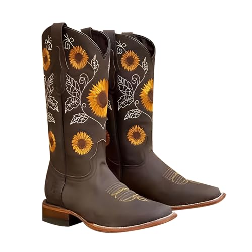 XHLEMON Women's Cowgirl Cowboy Square Toe PU Leather Boots Sunflower Floral Embroidered Western Cowgirl Boots Mid Calf Boots (Coffee, 7.5)