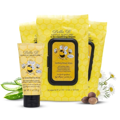 Image of BELLA B Bundle Pregnancy Gift for Mom | 4-in-1 Soothing Wipes for Cleaning Pump Parts, Pacifiers & Baby Care | Nipple Nurture Butter to Help Prevent and Soothe Sore or Cracked Nipples | 3 Pack + 2oz