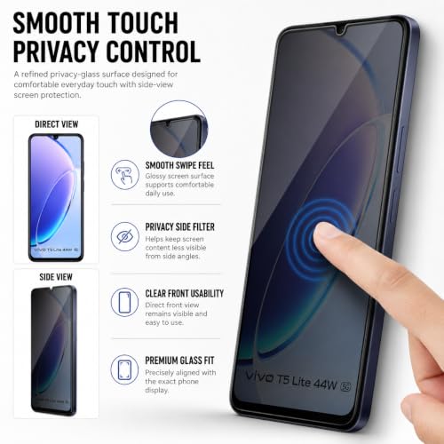 Image of ArmourPro Privacy Tempered Glass for Vivo T5 Lite - Anti-Spy Anti Peeping Screen Protector, 9H Hardness, Edge-to-Edge Coverage, Ultra Thin, Bubble-Free Installation Kit | Black