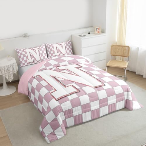 Image of Erosebridal Pink Initial N Kids Comforter Sets Kawaii Plaid Checkered Queen Bedding Set for Girls Teen Women Cute Personalized Monogram Comforter Set,Fashion Grids Gingham Quilt Duvet 3 Pcs