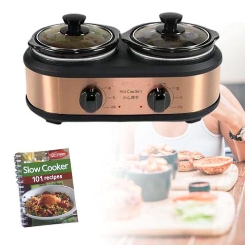Utensilio de cocina eléctrico de 2 ollas con 3 niveles de ajuste de calor, olla de cocción lenta, calentamiento uniforme, guiso, sopa, cocción lenta, mantiene caliente con libro de recetas