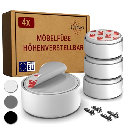 LouMaxx Möbelfüße höhenverstellbar Füße für Möbel Ø 55 5 mm aus Kunststoff weiß Hochwertige Möbelerhöhung zum Kleben oder Schrauben 4er Set Gleitfüße in inkl. Montagematerial