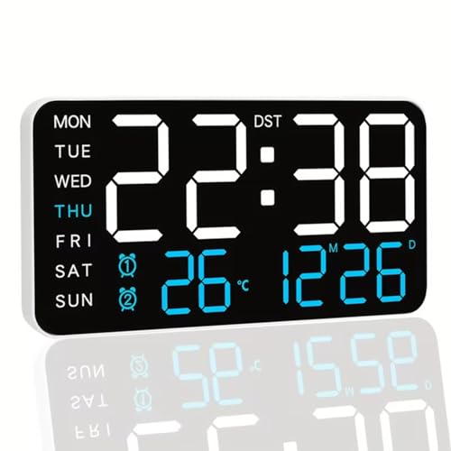 Image of EASEPRES 9 inch LED Digital Wall Clock with Date, Day, Temperature Display & Dual Alarm - USB Powered, Adjustable Brightness - Ideal for Bedroom, Office, Seniors, Home Decor (White + Blue)