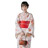[Bwgoroku] 浴衣 レディース 和服 花柄 浴衣 女性用 コスチューム 4点セット 浴衣 帯 扇子 ヘッドアクセサリー 平織り きれいめ フリーサイズ 可愛い ゆかた 大人用 花火大会 夏祭り 旅館 浴衣セット (オレンジ, フリーサイズ)