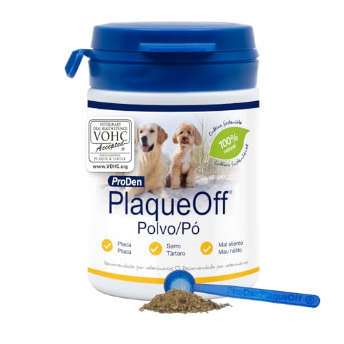 ProDen PlaqueOff Perros y Gatos en Polvo 60g, Limpieza Dental con 100% Alga Natural, Limpiador de Sarro Dental y de Placa, Elimina Eficazmente el Mal Aliento en Mascotas, Hasta 6 meses de duración