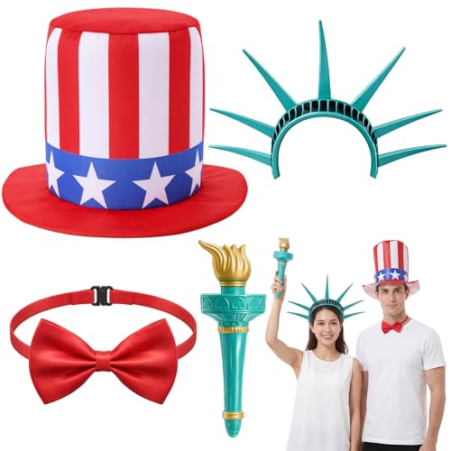 Skicuff 4 Pcs 4th of July Costume Accessories Set Statue of Liberty Crown Headband and Torch American Flag Top Hat Bow Ties for 250th Patriotic Anniversary Independence Day