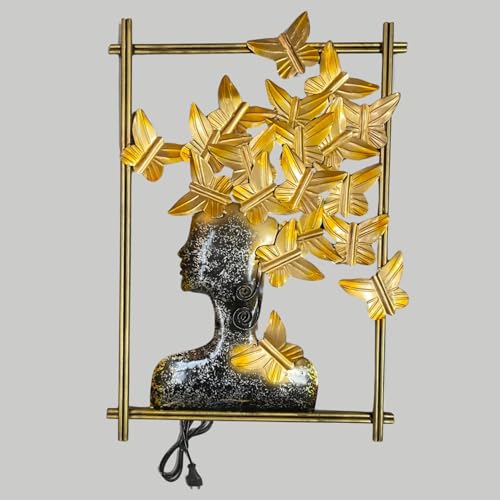 Image of Bharat Art Metal Tree Wall Art with LED Light for Living Room | Handcrafted Iron Tree Wall Hanging Home Decoration for Bedroom, Hall, Office & Entrance | BUTTERFLY WOMAN FRAME | 21x2x29 inch | WD065