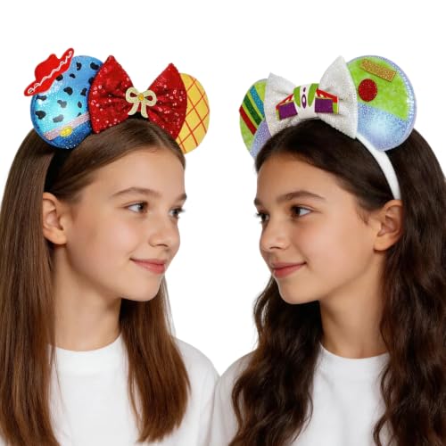 Tarocynn 2 PCS Mouse Ears Headbands with LED Light Sequin Cowboy Space Plane Headbands Park Ears for Party Favors Cosplay Costumes Accessories (Yellow & White)