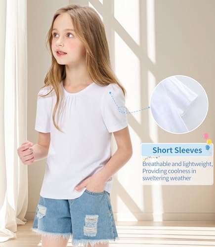 Image of Girls Casual Solid Crewneck Top Short Sleeve Soft T-Shirt with Crisscross Back Design White 4-5