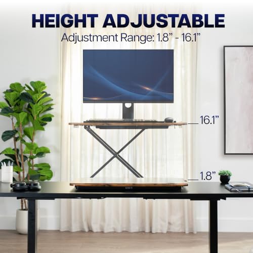Image of VIVO Vintage Brown 29 in Single Top Standing Desk Converter, DESK-V000UN | Economy, Height Adjustable Rustic Sit Stand Tabletop Monitor and Laptop Riser Workstation, No Assembly Required, Black Frame