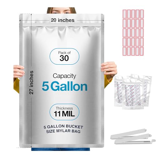 BELLE KR 30 Pcs 5 Gallon Mylar Bags With 2000CC Oxygen Absorbers - Perfect Bucket Size - 11 Mil Thick - With Sticker Labels and Closure Clip - Smell Proof Heat Resealable Large Mylar Bag