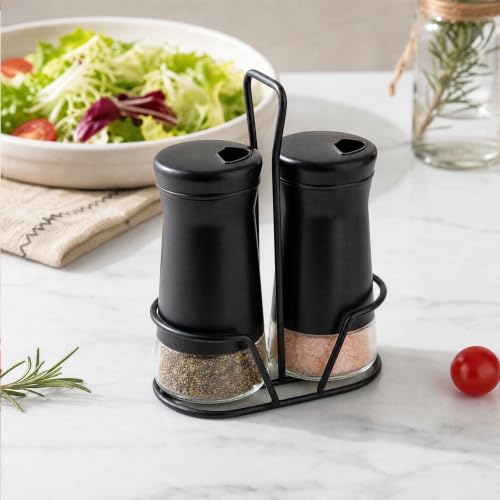 Image of Aelga Farmhouse Salt & Pepper Shakers with Holder & Adjustable Pour Holes, Refillable Salt Shaker for Himalayan, Kosher - Black