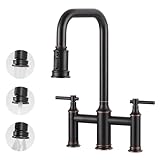 Bridge Faucet for Kitchen Sink Bronze: 3 Hole Solid Brass Farmhouse Kitchen Faucet with Pull Down Sprayer, 2 Handle 8 Inch Centerset High Arched Faucet with 360° Swivel Spout, Oil Rubbed Bronze