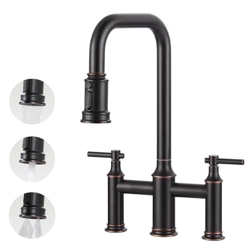 Bridge Faucet for Kitchen Sink Bronze: 3 Hole Solid Brass Farmhouse Kitchen Faucet with Pull Down Sprayer, 2 Handle 8 Inch Centerset High Arched Faucet with 360° Swivel Spout, Oil Rubbed Bronze