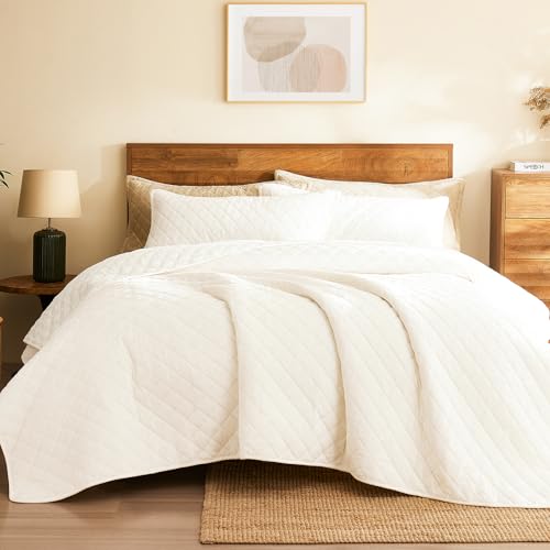 L'AGRATY Velvet Quilt Queen Size: 3-Piece Reversible Luxury Velvet Bedding Comforter Set - Lightweight Oversized Quilted Bedspread Coverlet with 2 Pillow Sham for All Season - Cream White Quilt