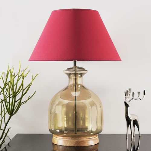 Image of Alper Smoke Luster Glass Table Lamp with Maroon Cotton Shade | Modern Designer Bedside & Living Room Decorative Table Light (Bulb Included)