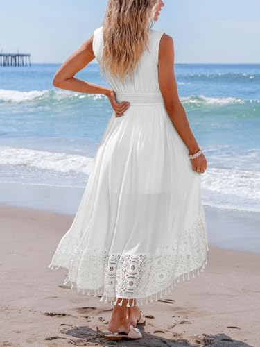 Image of CUPSHE Women's Maxi Dress V Neck Sleeveless Lace Tassel Smocked Waist Cover Up Beach Formal Long Dress
