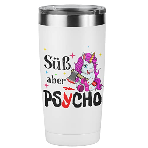 Einhorn Edelstahl Becher mit Spruch Süß aber Psycho - Kaffeetasse - lustig - Geschenke - Kollegin - Spülmaschinenfest (Edelstahl Trinkbecher, 425 ml) Cover