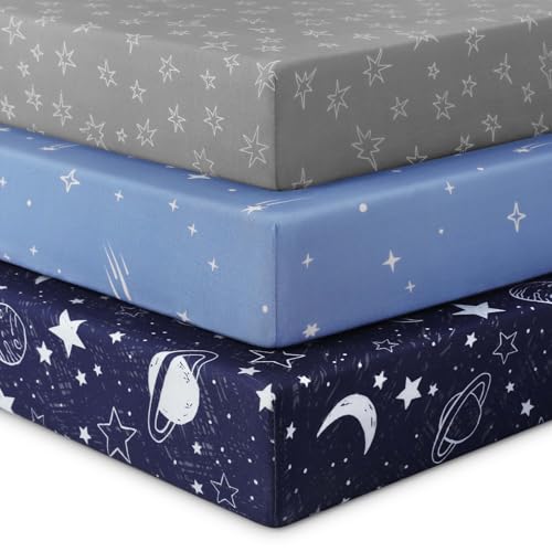 Unnivoll Baby Crib Sheets for Boys Girls, Fitted Crib Sheet Neutral 3 Pack for Standard Crib and Toddler Mattress, Breathable Soft Microfiber Baby Sheet 28x52x8in Blue Gray Planet
