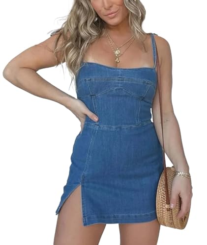 Robe en jean droite sans manches froncée à coupe mi-longue d'été
