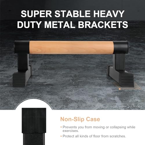 Image of Airogym Wooden Parallettes, Wood Push Up Handles Pushup Bars, Heavy-Duty Sturdy Metal Non-Slip Base Exercise Home Workout Equipment, Parallettes Bars Grip for Strength Training, Planks Calisthenics