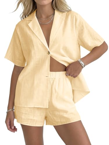 Fisoew Womens 2 Piece Sets Summer Button Down Collared Shirt Shorts Sets Beach Vacation Outfits Casual Matching Sets