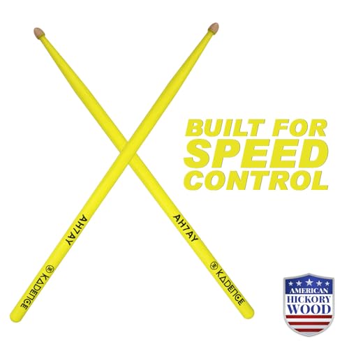 Image of Kadence AH7AY Touring Series Neon 7A Drumsticks | Premium American Hickory Wood | Acorn Tip with Smooth Matte Finish | Includes Protective Plastic Case | Yellow