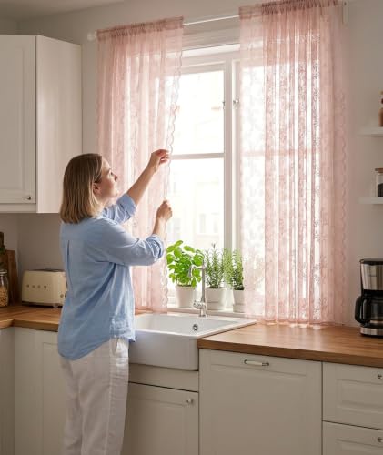 Image of piercing Curtains for Kitchen, Lace Curtains, Kitchen Window Curtains, Sheer Curtains, Kitchen Curtains 29 inchx39 inch Lace Tier 1-Panel Rod Pocket Floral Scalloped Cafe Light Filter White (Style 3)