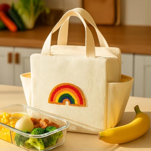 Urban Nest Large Capacity Lunch Bag, Canvas with Rainbow Embroidery, Insulated for Hot & Cold Food, Perfect for Kids & Adults, Ideal for School, Travel & Outdoor Adventures - Image 5