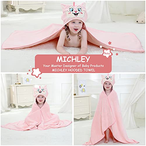 Image of MICHLEY Unisex Hooded Baby Towel Soft Absorbent Washcloths Cartoon Beach Swimming Bathrobe 27.5 inch x 47 inch for 0-7T Toddler(Pink)