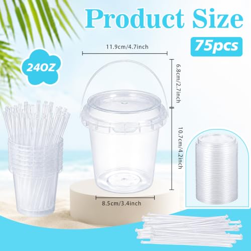 Heysagix 75 PCS Drink Buckets With Lids And Straws, 24 oz Clear Plastic Bucket Cups With Handles, Lemonade Buckets for Drinks, Fruit Tea, Juice, Smoothies, Pool Party, Birthday Party Supplies by Heysagix - Image 2