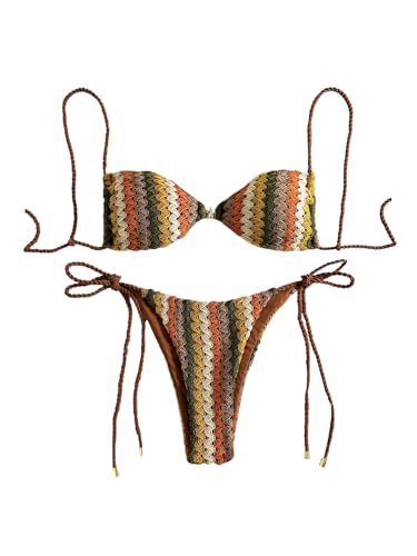GORGLITTER Women's High Cut String Thong Bikini Set Colorful Striped Cheeky Boho Swimsuit Bathing Suit