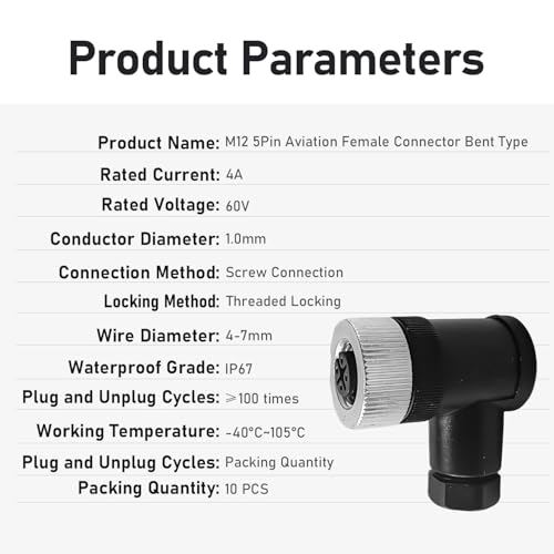 Connecteur M12 femelle code A coudé résistant aux infiltrations d'eau IP67 - 6