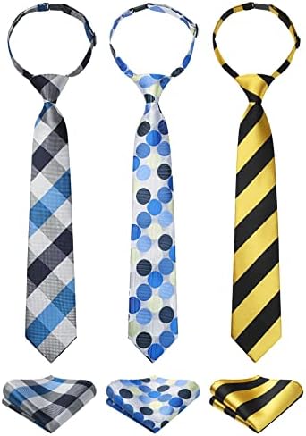 Enlision 3pcs Boys Pre-Tied Neckties & Pocket Square Set Neck Strap Tie for Kids