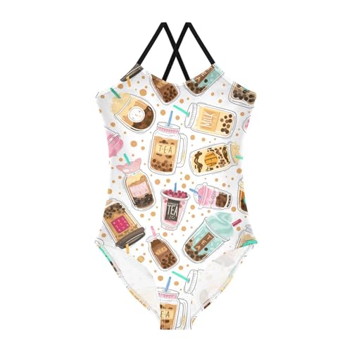 susiyo Girls One Piece Swimsuits Taiwanese Boba Pearl Milk Tea Bathing Suit Quick Dry Beach Swimwear for Toddler Girl 3-10T