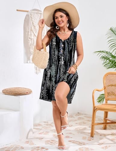 Image of JollieLovin Women Plus Size Summer Sundress Tank Sleeveless V Neck Beach Swing Dress Swimsuit Cover ups(L-5X)
