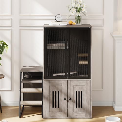 Cat Litter Box Enclosure, Double Layer Enclosed Litter Box Furniture with Door, Cat House with Ladder, Gray