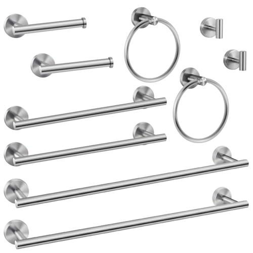 10 Piece Brushed Nickel Bathroom Hardware Set -Include23.6&16inch Bathroom Towel bar,Towel Ring,Toilet Paper Holder, Towel Hook,2 Pack 5 Piece Bathroom Accessories Set by PCGPCYE - Used condition - US$52.03