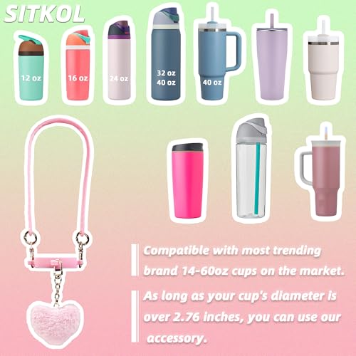 Owala & Stanley Handle Straps with Heart Charms, Fit 24oz, 32oz, 40oz Owala & Stanley Tumblers, Pink