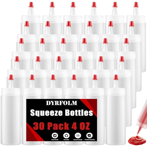 Dyrfolm 30 Pcs Squeeze Bottle,4 OZ Condiment Squeeze Bottles,Plastic Squeeze Bottles with Red Top Cap,Labels & Pen,Squeeze Bottles for Sauces,Condiment Bottles for Ketchup Sauces Liquids Oil