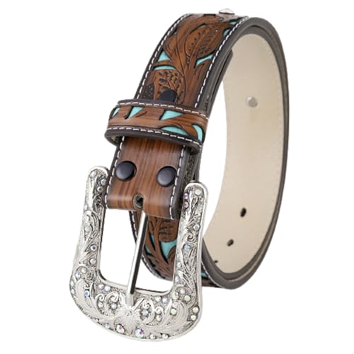 Unisex Western Cowgirl Cowboy Embossed Belt - Feather Flower Pattern Buckle For Jeans Pants