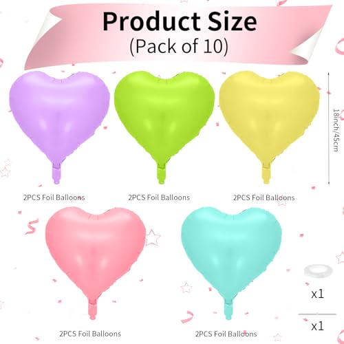 Image of Biapian Pastel Heart Balloons, 10 Pcs Macaron Heart Shape - 18inch Pastel Pink Purple Green Teal Yellow Foil Balloons for Candy Birthday Wedding Baby Shower Easter Party Decoration