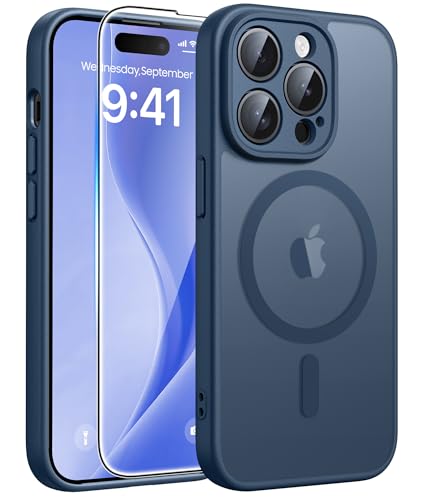 Image of FNTCASE for iPhone 14 Pro Max Case: [Compatible with Magsafe] Translucent Matte Cases with [Full Camera Protection] [Screen Protector] Military Grade Shockproof Protective Phone Cover - Blue