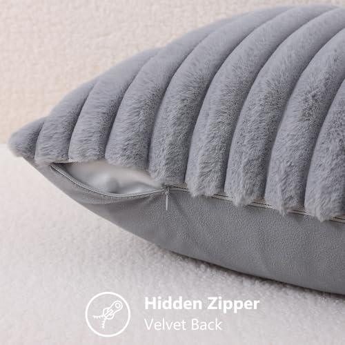 Image of decorUhome Fall Cozy Faux Fur Throw Pillow Covers 26x26 Set of 2 Decorative Soft Plush Striped Modern Farmhouse Boho Couch Euro Sham Pillow Cases with Velvet Back for Sofa Bed Living Room, Grey
