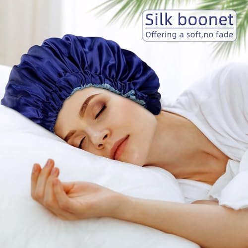 Image of Go Well Satin Bonnet for Curly Hair with Free Silk Pillow Covers and Scrunchies | Silk Bonnet for Hair | Combo of Pack of 2 Satin Pillowcases with 3 Silk Scrunchies Adjustable HairCap (Nevy Blue)